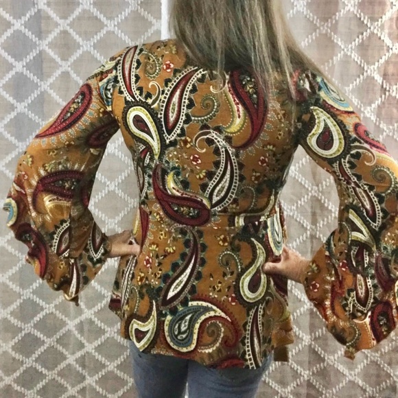 Sew in love mustard and paisley faux wrap top with tie and flutter sleeves - Picture 2 of 8